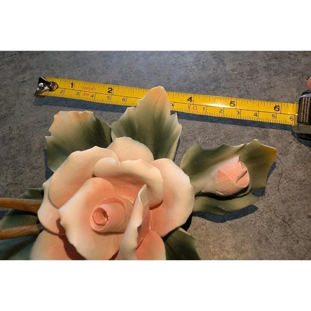 Vintage Capodimonte Porcelain Rose Flower Bisque Italy Pink Green 1960s Figure